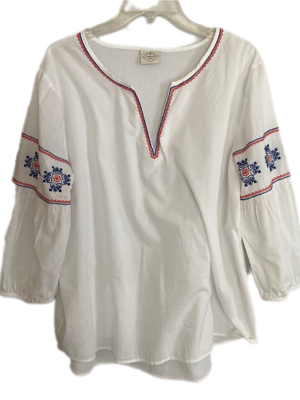St. John's Bay White Tunic with Blue & Red Embroidery Size Large 100% Cotton